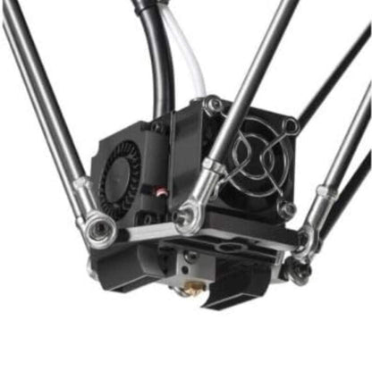 A Flsun Q5 3D printer with a Flsun Q5 Hotend Effector: Complete Assembly attached to it and a motor attached to it.