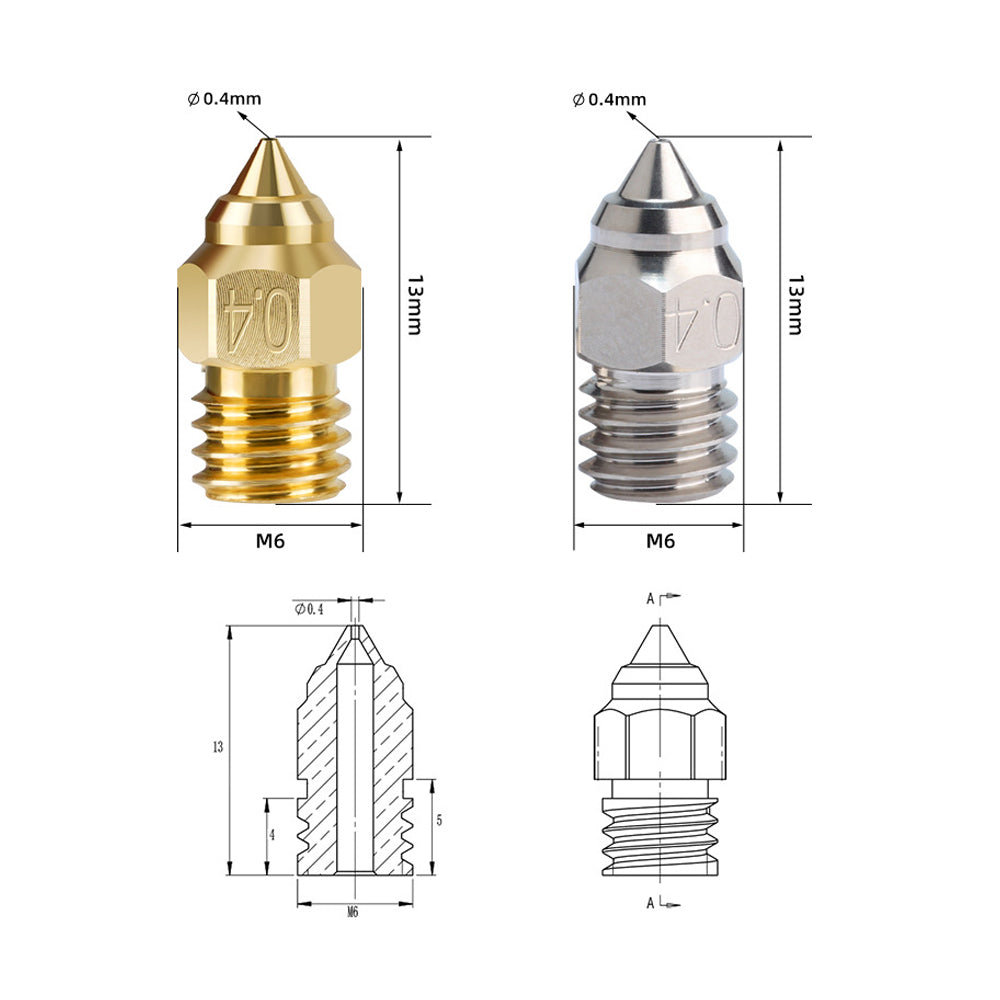 Two 3D printing nozzles include a Brass Nozzle for Creality Ender-3 CR-6 by 3D Printing Perth - Cirrus Link, and a silver M6 nozzle, both with a 0.4mm diameter. Comes with technical drawings and dimensions for Creality CR-6 SE users.
