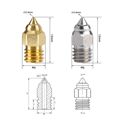 Two 3D printing nozzles include a Brass Nozzle for Creality Ender-3 CR-6 by 3D Printing Perth - Cirrus Link, and a silver M6 nozzle, both with a 0.4mm diameter. Comes with technical drawings and dimensions for Creality CR-6 SE users.