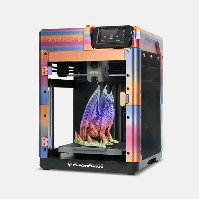 The 3D Printer FlashForge Adventurer 5M - High-Speed Direct Extruder, known for its high-performance 3D printing and high printing speed, creates a detailed dragon figurine with its multicolored design. The display screen on top of the printer shows the progress.