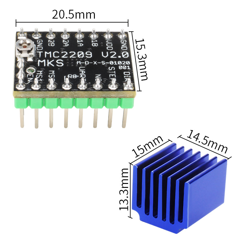 The TMC2209 Stepper Motor Driver Ultra Quiet High Current by 3D Printing Perth - Cirrus Link, ideal for 3D printers, measures 20.5mm x 15.3mm and includes a blue heatsink measuring 15mm x 14.5mm x 13.3mm.