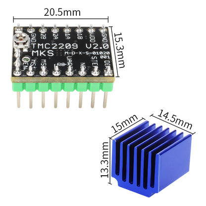 The TMC2209 Stepper Motor Driver Ultra Quiet High Current by 3D Printing Perth - Cirrus Link, ideal for 3D printers, measures 20.5mm x 15.3mm and includes a blue heatsink measuring 15mm x 14.5mm x 13.3mm.
