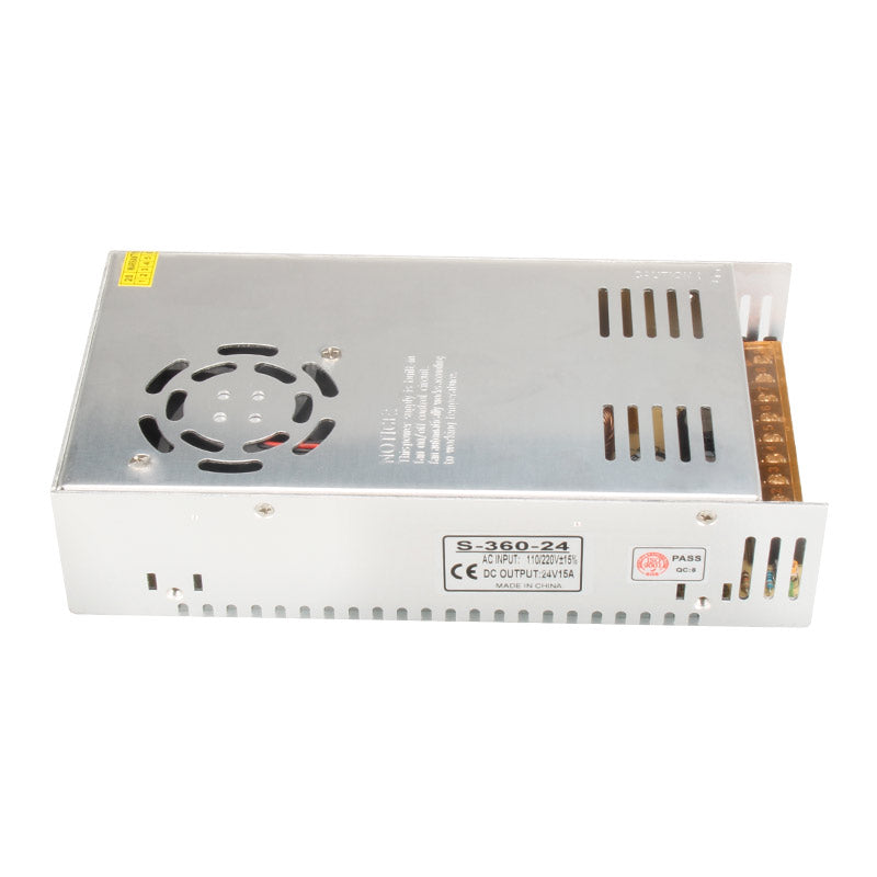 The High Quality 24V 15A Power Supply Unit by 3D Printing Perth - Cirrus Link is perfect for 3D printers, offering features like a ventilation fan and multiple output terminals, with compliance labels on its surface.