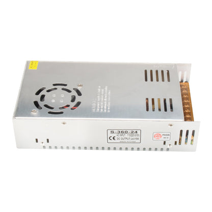 The High Quality 24V 15A Power Supply Unit by 3D Printing Perth - Cirrus Link is perfect for 3D printers, offering features like a ventilation fan and multiple output terminals, with compliance labels on its surface.