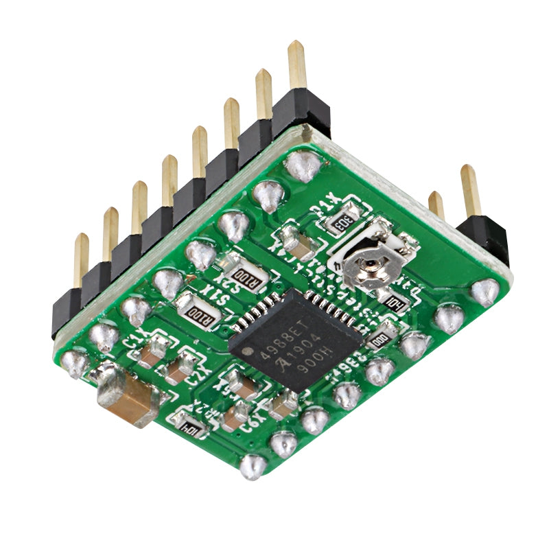 Close-up of a small green circuit board with components, including pins, resistors, and a black integrated circuit chip marked 4498E 2001 84303, showcasing sophisticated microstepping capability for precise control in applications like those suited to the A4988 Stepper Motor Driver Module by 3D Printing Perth - Cirrus Link.