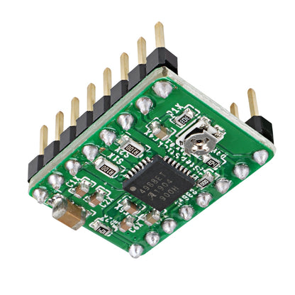 Close-up of a small green circuit board with components, including pins, resistors, and a black integrated circuit chip marked 4498E 2001 84303, showcasing sophisticated microstepping capability for precise control in applications like those suited to the A4988 Stepper Motor Driver Module by 3D Printing Perth - Cirrus Link.