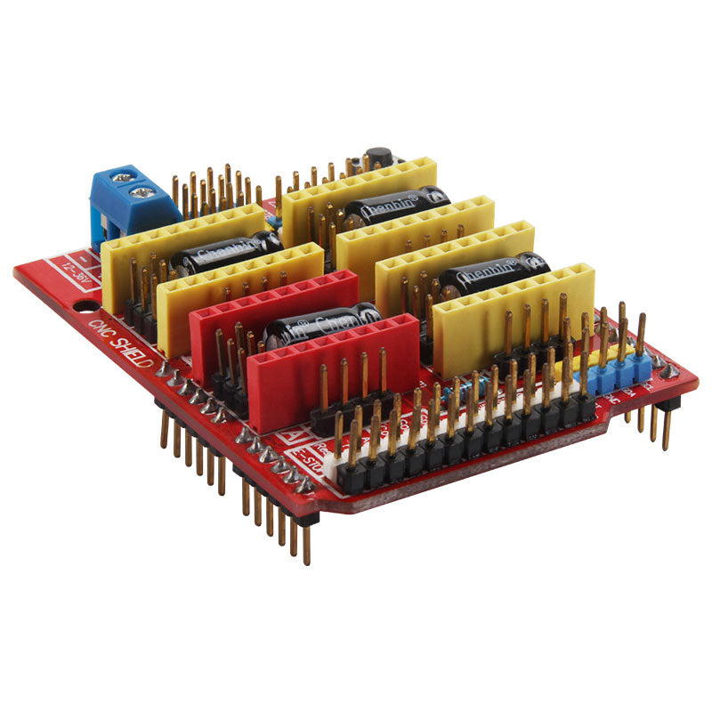 The CNC Shield V3 Engraving Machine Development Board by 3D Printing Perth - Cirrus Link is a red board with yellow and red pin connectors and black capacitors, ideal for controlling stepper motors in DIY CNC machines, engraving machines, and 3D printers.