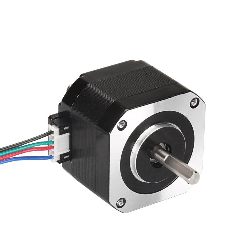 The 42 Stepper Motor, with a 33mm height and a 1.8-degree step angle from 3D Printing Perth - Cirrus Link, is perfect for precise movements. It features black coloring with visible wiring and a protruding metal shaft, set against a plain white background.