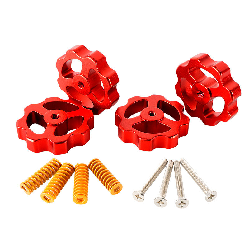 The CR10 M4 Leveling Spring & Nut Bed Platform Screw Kit by 3D Printing Perth - Cirrus Link features red star-shaped knobs, four orange springs, and four silver screws on a white background. It's ideal for 3D printer enthusiasts seeking to upgrade their setup.
