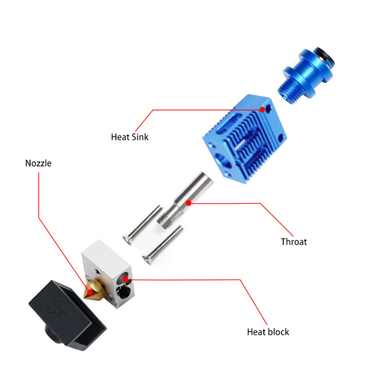 The CR10 Ender3 New Type Extruder Upgrade by 3D Printing Perth - Cirrus Link provides an exploded view with labeled parts including the heat sink, throat, nozzle, and heat block. With its all-metal construction, this 3D printing enhancement improves both durability and precision.