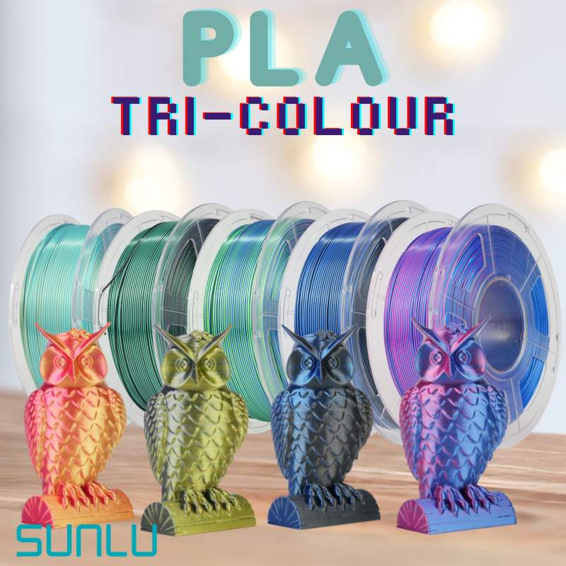The SUNLU PLA+ Silk Tri-Colour 1.75mm 3D Printing Filament with an owl allows for stunning multi-color prints using SUNLU Filament.