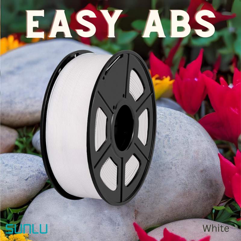 A spool of SUNLU Easy ABS 1.75mm 3D Printing Filament in white is shown outdoors on rocks, surrounded by red flowers.