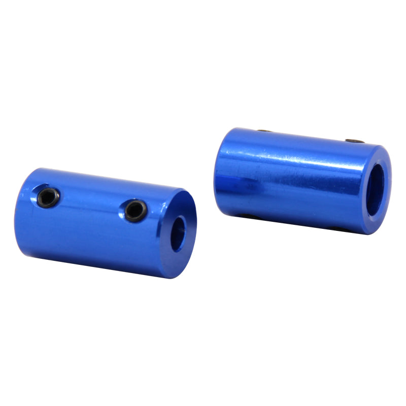 Two ASR Aluminum Shaft Couplings for motor and lead screw linkage, blue cylindrical design with side holes and set screws, displayed on a white background.