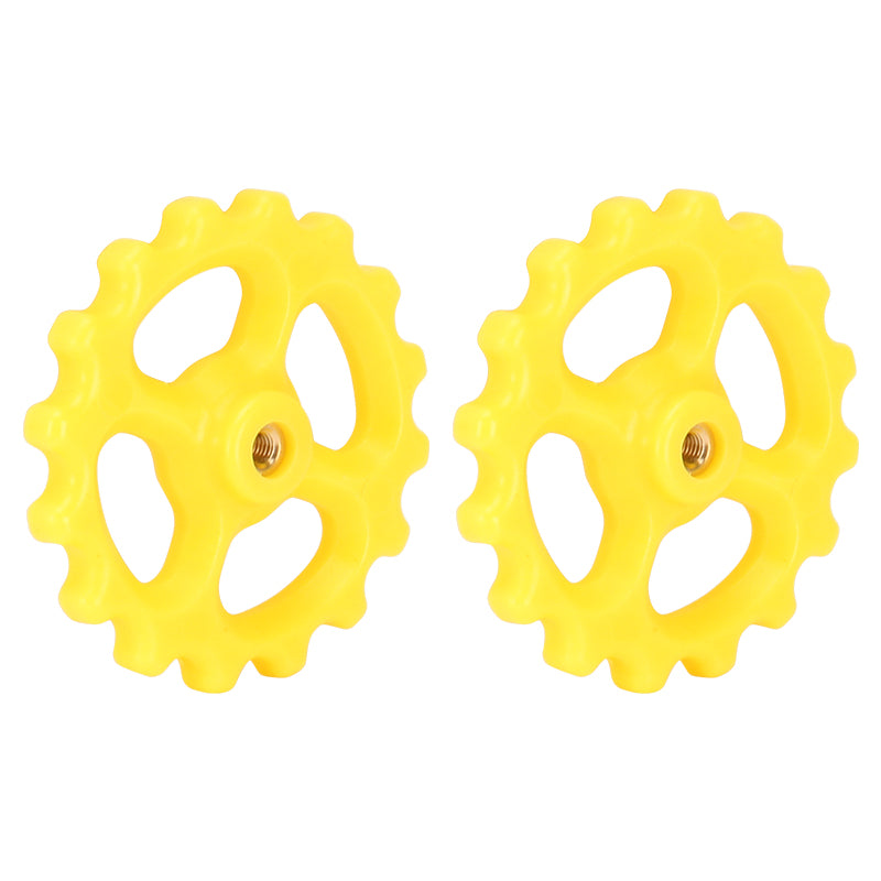 Two identical yellow plastic gears, with multiple rounded teeth and a central hole, commonly used for 3D printer bed leveling, are displayed side by side on a white background. Product: M3X20X44 Hot Bed Leveling Spring Kit by 3D Printing Perth - Cirrus Link (Set of 4).