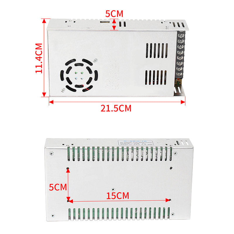 Two metal High Quality 12V 30A Power Supply units from 3D Printing Perth - Cirrus Link, dimensions: 21.5cm x 11.4cm x 5cm and 15cm x 5cm x 5cm, feature ventilation grills and connection terminals, ideal for reliable power in 3D printing applications.