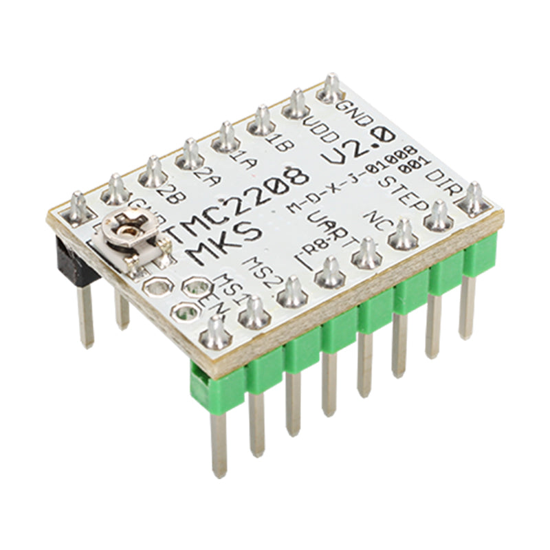 This close-up reveals the TMC2208 V2.0 Stepper Motor Driver from 3D Printing Perth - Cirrus Link, showcasing labeled pins and connections like GND, VCC, and DIR. Renowned for ultra-quiet performance, it ensures precise control in your projects.
