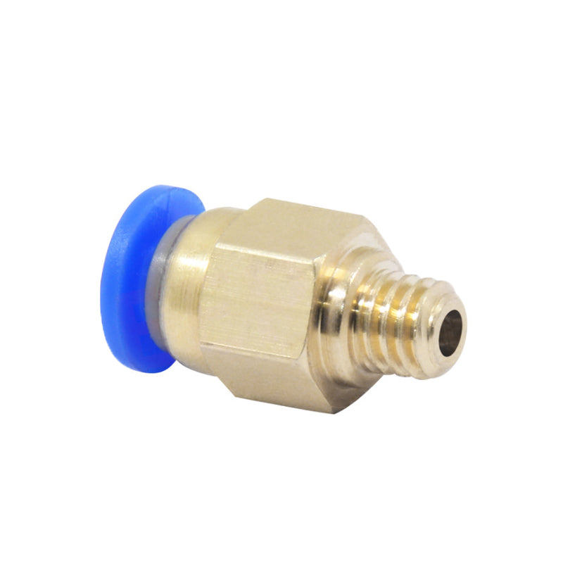 The Pneumatic Quick Connector for Teflon Tube by 3D Printing Perth - Cirrus Link features a brass threaded fitting with a blue push-to-connect end, making it perfect for integration into pneumatic systems.