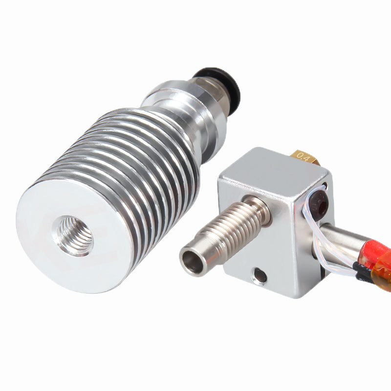 Close-up of the ASR V6 Extruder Head – 0.4mm Nozzle + Heatsink & Heater Kit, showing its metal hotend assembly with attached wiring, heatsink, and threaded nozzle.