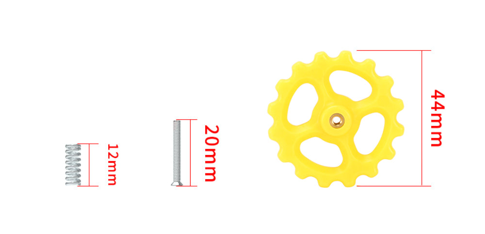 The M3X20X44 Hot Bed Leveling Spring Kit by 3D Printing Perth - Cirrus Link includes a yellow 44mm gear wheel, a 20mm screw, and a 12mm leveling spring, all with precise measurement annotations for perfect bed leveling in a 3D printer.