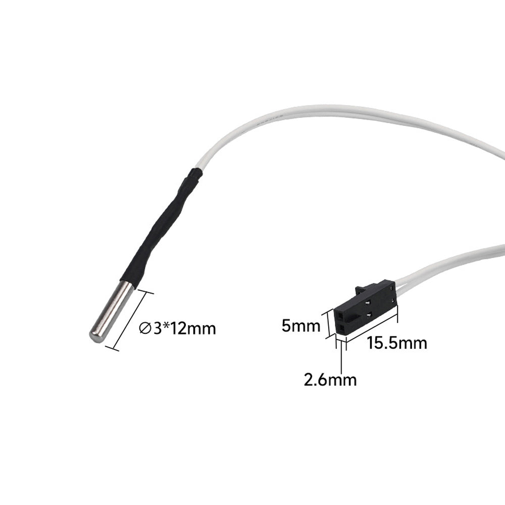 The Prusa i3 MK3S Voron 2.4 Thermistor by 3D Printing Perth - Cirrus Link is a cylindrical metal sensor with black and white wires and a connector measuring 5mm x 2.6mm x 15.5mm, labeled Ø3x12mm, perfect for your sensor kit needs.