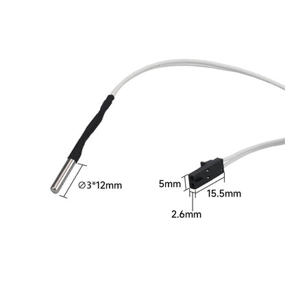 The Prusa i3 MK3S Voron 2.4 Thermistor by 3D Printing Perth - Cirrus Link is a cylindrical metal sensor with black and white wires and a connector measuring 5mm x 2.6mm x 15.5mm, labeled Ø3x12mm, perfect for your sensor kit needs.