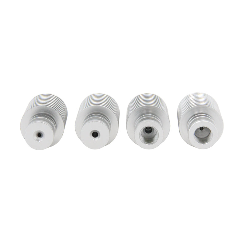 Four silver-threaded metal adapters, each featuring a central circular hole and aligned in a row against a white background, are perfect for enhancing thermal management in 3D printing projects or V5 Heat Sink applications with the E3D V5 Heat Sink Remote 1.75mm for Bowden Extruder from 3D Printing Perth - Cirrus Link.