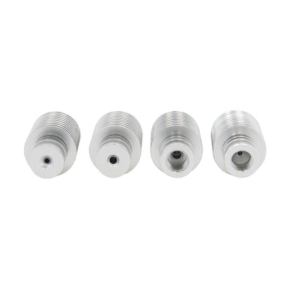 Four silver-threaded metal adapters, each featuring a central circular hole and aligned in a row against a white background, are perfect for enhancing thermal management in 3D printing projects or V5 Heat Sink applications with the E3D V5 Heat Sink Remote 1.75mm for Bowden Extruder from 3D Printing Perth - Cirrus Link.