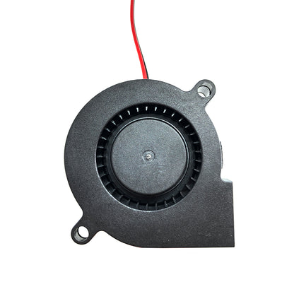 Close-up of the Blower 5015, a 12V DC fan by 3D Printing Perth - Cirrus Link, featuring a circular black plastic design with extended red and black wires. This fan, operating at 6200 RPM and delivering 14.5 CFM airflow through oil bearings and equipped with a 30CM wiring, ensures optimal performance for your 3D printer.
