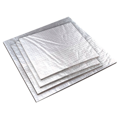 Four silver-colored, square Energy-Saving Cotton Sheets by 3D Printing Perth - Cirrus Link are fanned on a white background, perfect as thermal insulation pads for 3D printer hotbeds.