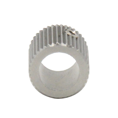 The 40 Tooth Stainless Steel Feed Wheel by 3D Printing Perth - Cirrus Link features a cylindrical design with ridges and a smooth, hollow center, highlighting precision engineering with dimensions of 12mm diameter and 11mm height.