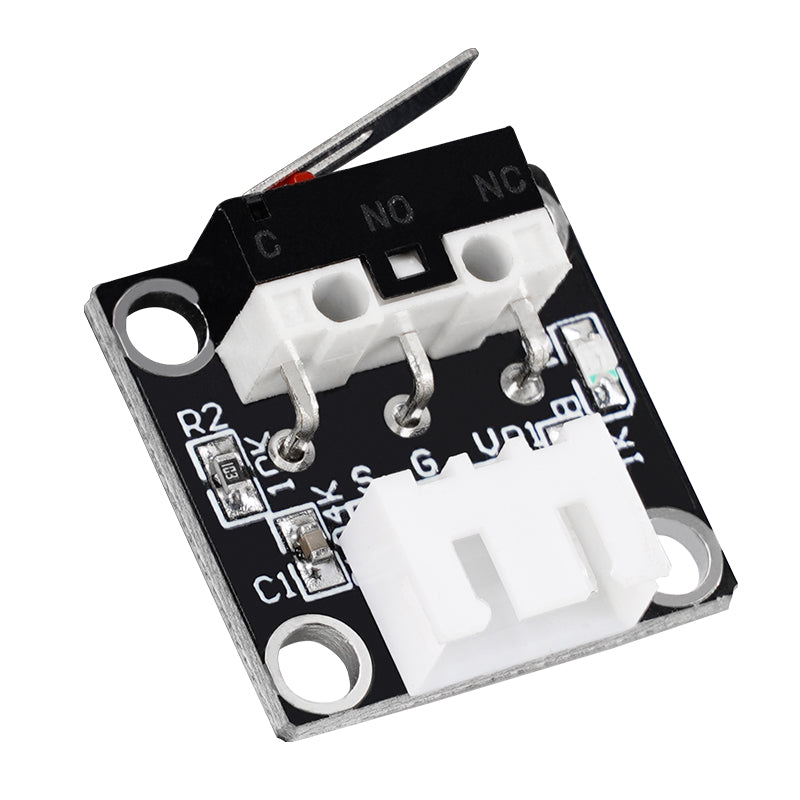 Close-up of a black EndStop Switch for CR-10 Ender-3S Mechanical Limit Micro Stroke from 3D Printing Perth - Cirrus Link, showcasing multiple connectors and labeled terminals, constructed with metal and plastic components, ideal for precise 3D printing applications.