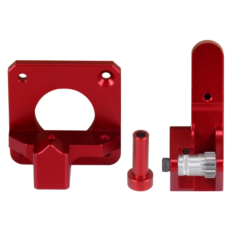 The Cr10 Red Extruder Left Hand 175mm by 3D Printing Perth - Cirrus Link features red anodized aluminum parts, including a precision bracket, pin, and toothed gear arm, perfect for 3D printing or CR10S extruder upgrades. Displayed on a white background.