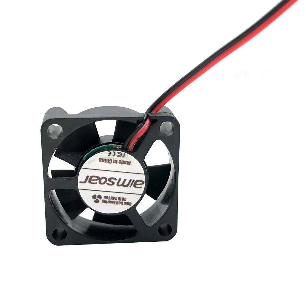 The 24V Dual Ball Bearing Cooling Fan 3010 by 3D Printing Perth - Cirrus Link features a compact design with black blades and a central label, accompanied by red and black wiring—perfect for boosting your 3D printer's performance.