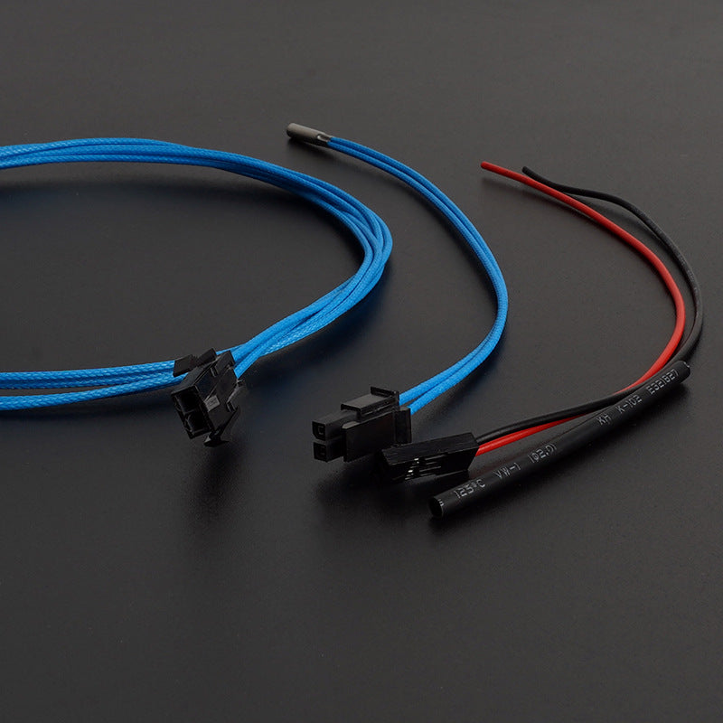 A set of electronic cables on a black surface, featuring a PT1000 High Temperature Platinum Thermistor Sensor Probe by 3D Printing Perth - Cirrus Link, and includes two shorter red and black cables, ideal for 3D printing projects.