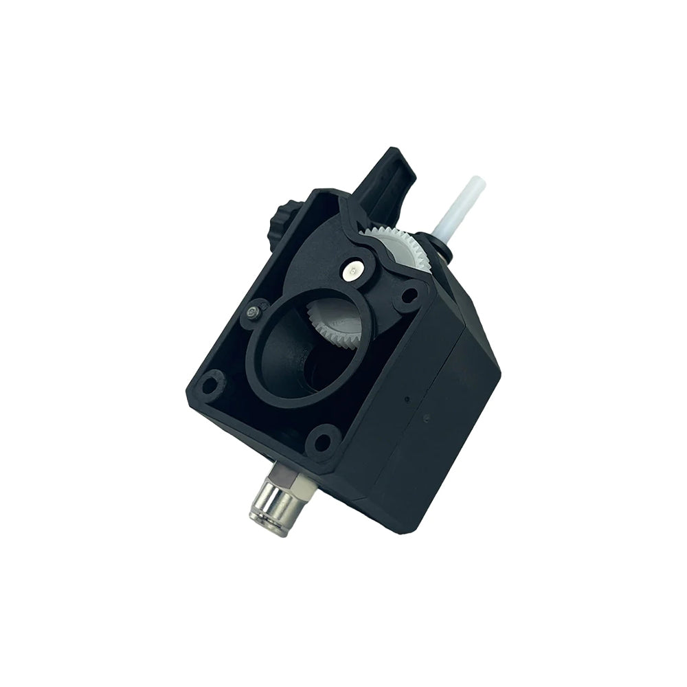 Flsun SR Dual Drive Extruder with tubing and a dual-drive system for filament feeding, featuring a rotational control knob on a white background.
