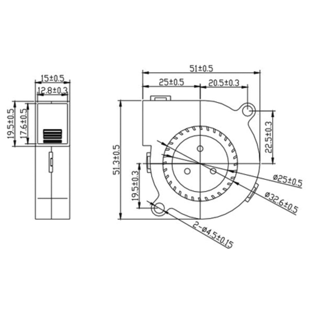 Technical diagram of the Blower 5015 by 3D Printing Perth - Cirrus Link, a high-performance mechanical component. It includes detailed measurements and shows both front and side views. This blower operates at 24V with a speed of 6200 RPM, provides an airflow of 15 CFM, and has a noise level of 27 DBA with an oil bearing design.