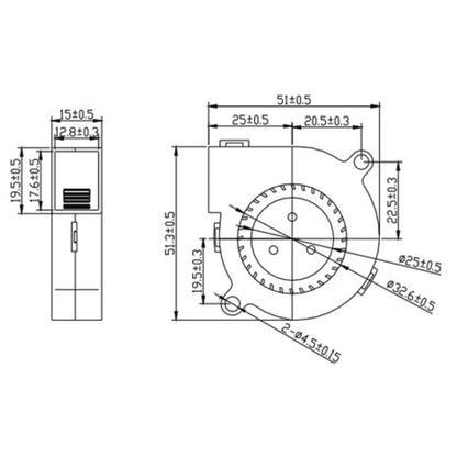 Technical diagram of the Blower 5015 by 3D Printing Perth - Cirrus Link, a high-performance mechanical component. It includes detailed measurements and shows both front and side views. This blower operates at 24V with a speed of 6200 RPM, provides an airflow of 15 CFM, and has a noise level of 27 DBA with an oil bearing design.