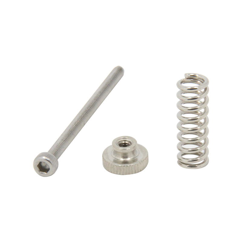 An ASR M3×40mm steel leveling spring for heated beds, a metal screw, and a knurled nut are displayed side by side on a white background—essential components for FDM 3D printers.