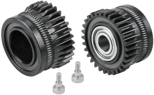 Two black mechanical gears, reminiscent of Creality K1/K1C/Ender-3 V3 extruder gears by Creality, are paired with two silver screws—an ideal example of precision engineering in 3D printing.