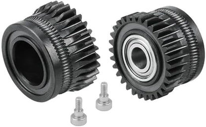 Two black mechanical gears, reminiscent of Creality K1/K1C/Ender-3 V3 extruder gears by Creality, are paired with two silver screws—an ideal example of precision engineering in 3D printing.