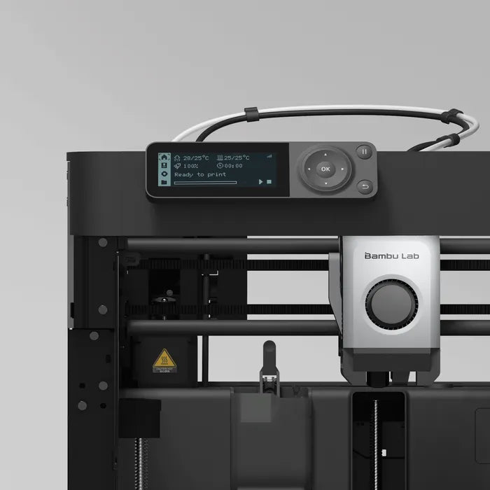Close-up of the Bambu Lab P1P 3D Printer by Bambu Lab, featuring a display screen with status and controls, showcasing its high-speed, multi-color 3D printing capabilities.