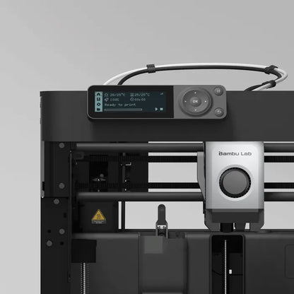 Close-up of the Bambu Lab P1P 3D Printer by Bambu Lab, featuring a display screen with status and controls, showcasing its high-speed, multi-color 3D printing capabilities.