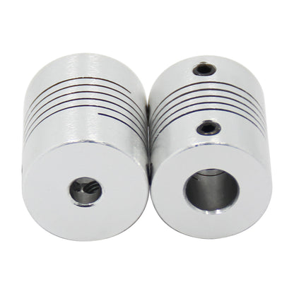 Two ASR Anti-Vibration Flexible Couplings for Lead Screw Motion, featuring helical cuts and set screw holes, ideal for 3D printer Z-axis use, are shown side by side on a white background.