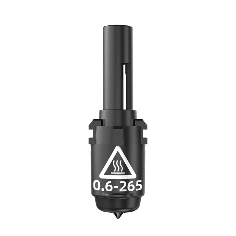 The 0.6mm-265℃ High-Strength Nozzle Kit for the Adventurer 4 Series by Flashforge includes a black nozzle featuring a triangular warning symbol with "0.6-265" printed on it, signifying its suitability for high-strength printing at temperatures up to 265℃.