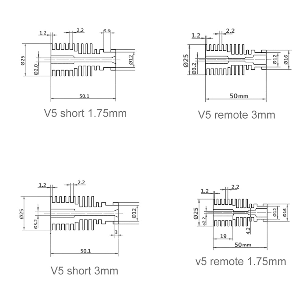 Technical diagram detailing the specifications of V5 nozzles, showcasing measurements for four variants: short 1.75mm, short 3mm, remote 3mm, and E3D V5 Heat Sink Remote 1.75mm for Bowden Extruder by 3D Printing Perth - Cirrus Link. Critical for ensuring accurate thermal management in 3D printing applications with included compatibility with the V5 Heat Sink.