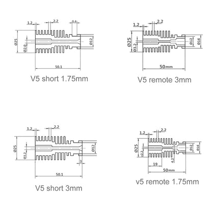 Technical diagram detailing the specifications of V5 nozzles, showcasing measurements for four variants: short 1.75mm, short 3mm, remote 3mm, and E3D V5 Heat Sink Remote 1.75mm for Bowden Extruder by 3D Printing Perth - Cirrus Link. Critical for ensuring accurate thermal management in 3D printing applications with included compatibility with the V5 Heat Sink.