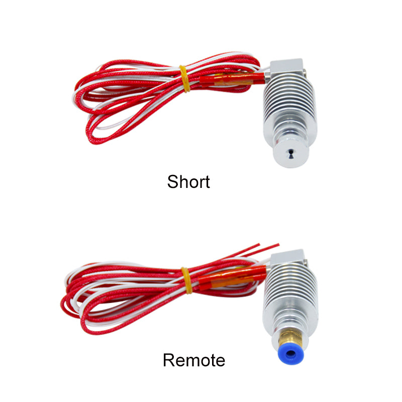 The image displays two metal heating blocks with red wires labeled "Short" and "Remote," featuring a variety of nozzle designs. Included is the precise 0.4mm nozzle compatible with Bowden extruders from the V5 Remote Extruder Head series, offered by 3D Printing Perth - Cirrus Link, with other sizes available.