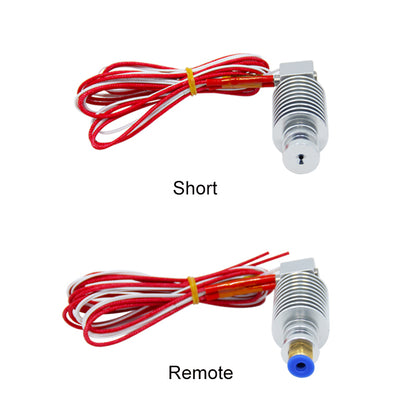 The image displays two metal heating blocks with red wires labeled "Short" and "Remote," featuring a variety of nozzle designs. Included is the precise 0.4mm nozzle compatible with Bowden extruders from the V5 Remote Extruder Head series, offered by 3D Printing Perth - Cirrus Link, with other sizes available.