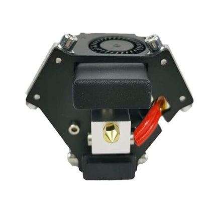 A small black and white FLSUN Q5 3D printer machine with a red wire attached to its FLSUN Q5 Hotend Effector: Complete Assembly.