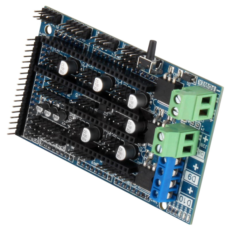 A blue electronic circuit board, similar to 3D Printing Perth - Cirrus Link's Ramps 1.6 3D Printer Control Board, displays black and green components, connectors, and pins from an angle to highlight the intricate details for a seamless 3D printing experience.